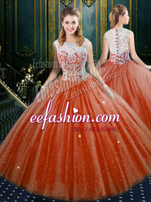  Floor Length Zipper Sweet 16 Dresses Orange Red for Military Ball and Sweet 16 and Quinceanera with Lace
