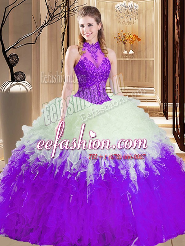  White And Purple Sleeveless Lace and Appliques and Ruffles Floor Length 15 Quinceanera Dress