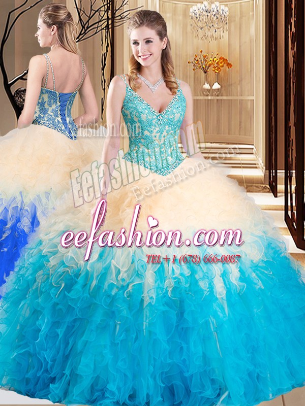  Floor Length Multi-color Quinceanera Dresses Tulle Sleeveless Lace and Ruffles
