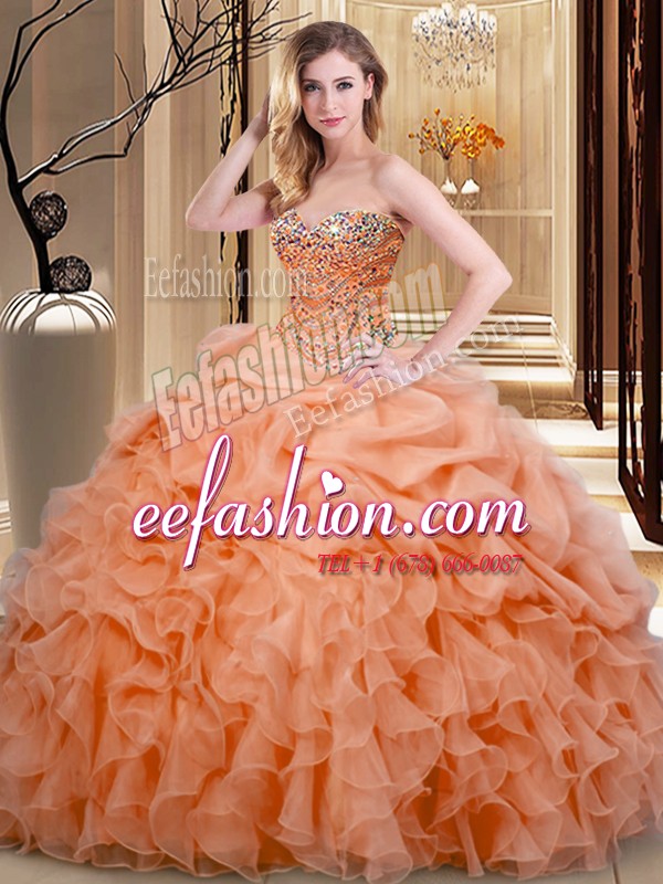  Orange Organza Lace Up Sweetheart Sleeveless Floor Length Sweet 16 Dress Beading and Ruffles and Pick Ups