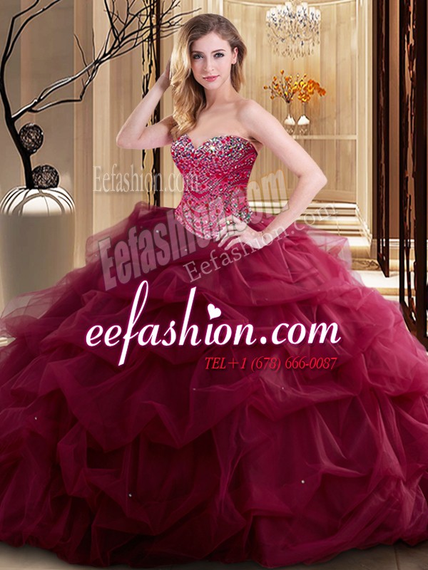  Burgundy Ball Gowns Sweetheart Sleeveless Tulle Floor Length Lace Up Beading and Ruffles 15 Quinceanera Dress