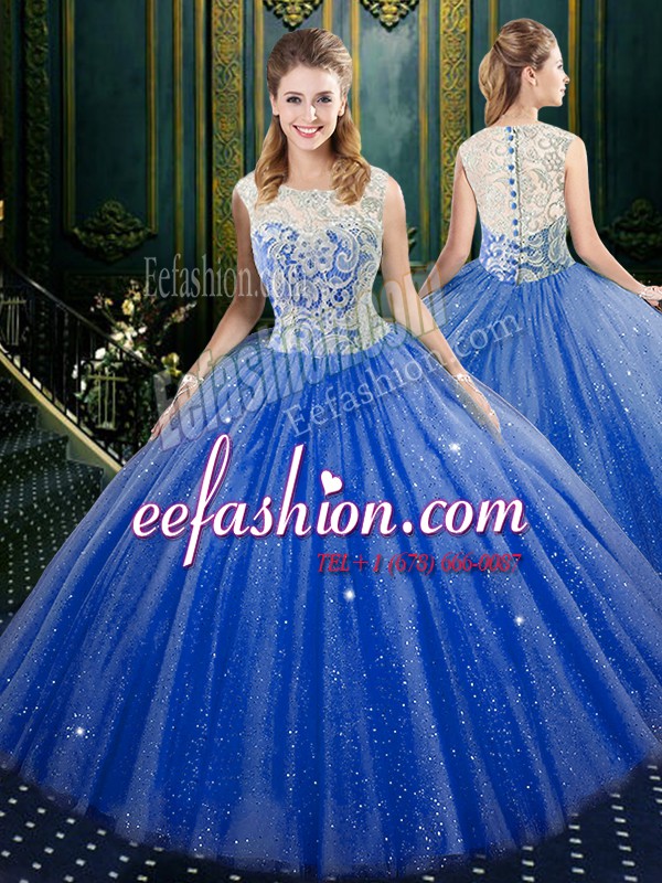  High-neck Sleeveless Vestidos de Quinceanera Floor Length Lace Royal Blue Tulle