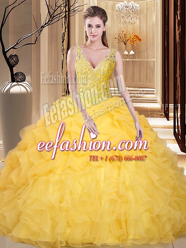 Fashion Pick Ups Floor Length Gold Sweet 16 Dresses V-neck Sleeveless Backless