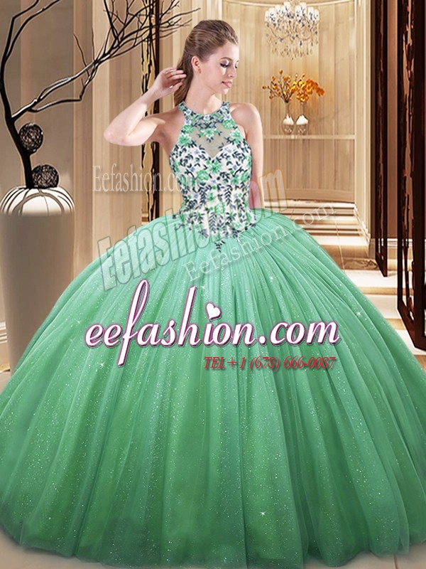 Amazing Floor Length Lace Up Ball Gown Prom Dress Green for Military Ball and Sweet 16 and Quinceanera with Lace and Appliques