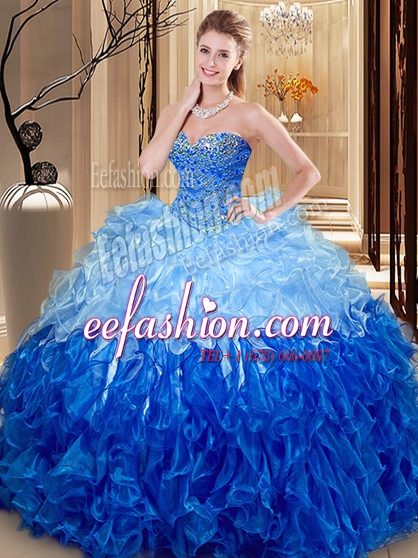 Ideal Multi-color Ball Gowns Sweetheart Sleeveless Organza Floor Length Lace Up Beading and Ruffles Ball Gown Prom Dress