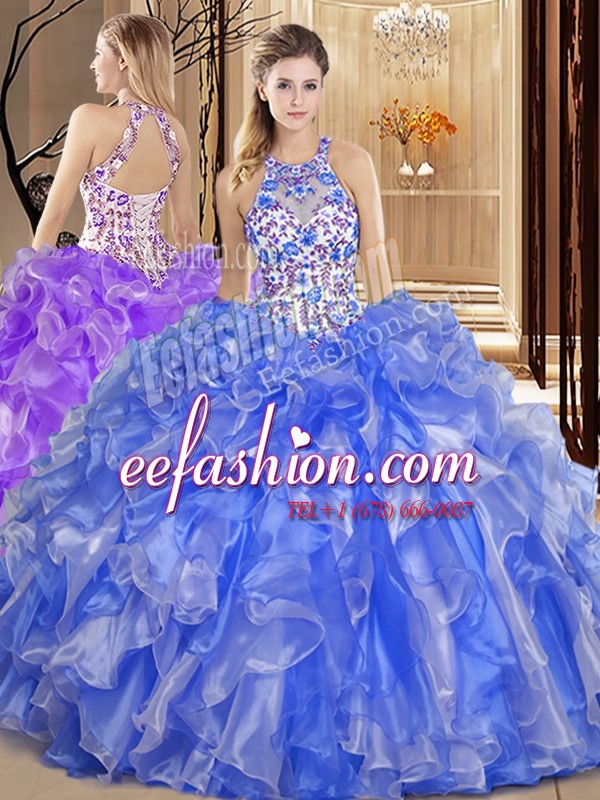 Deluxe Scoop Backless Floor Length Blue 15th Birthday Dress Organza Sleeveless Embroidery and Ruffles