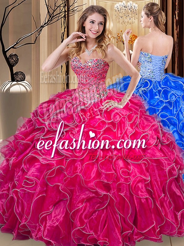 Comfortable Organza Sweetheart Sleeveless Lace Up Beading and Ruffles Quince Ball Gowns in Hot Pink