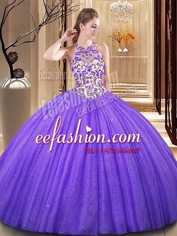  Lavender Tulle Backless Scoop Sleeveless Floor Length Quinceanera Dress Embroidery and Sequins