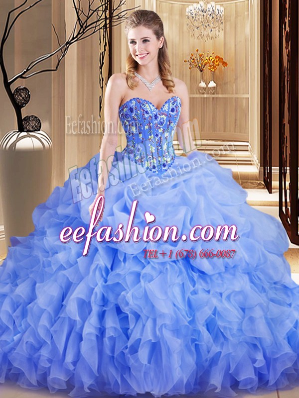 Comfortable Sweetheart Sleeveless Quinceanera Dresses Brush Train Embroidery and Ruffles and Pick Ups Lavender Organza