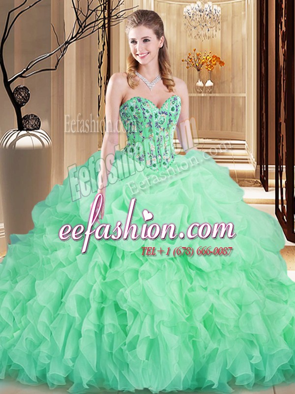  Apple Green Sleeveless Brush Train Embroidery and Ruffles Quinceanera Dress