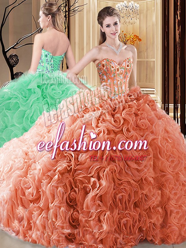 Glittering Sleeveless Floor Length Embroidery and Ruffles Lace Up Sweet 16 Quinceanera Dress with Orange