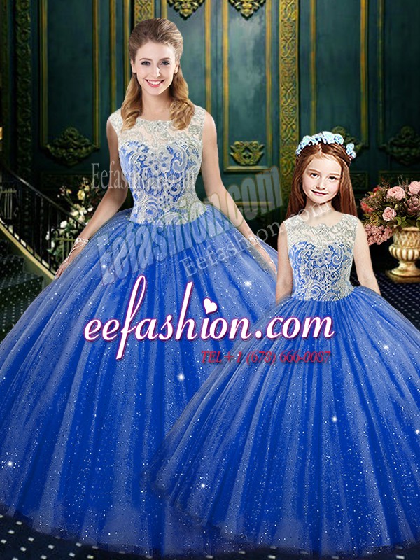 Elegant Royal Blue Ball Gowns High-neck Sleeveless Tulle Floor Length Zipper Lace Ball Gown Prom Dress