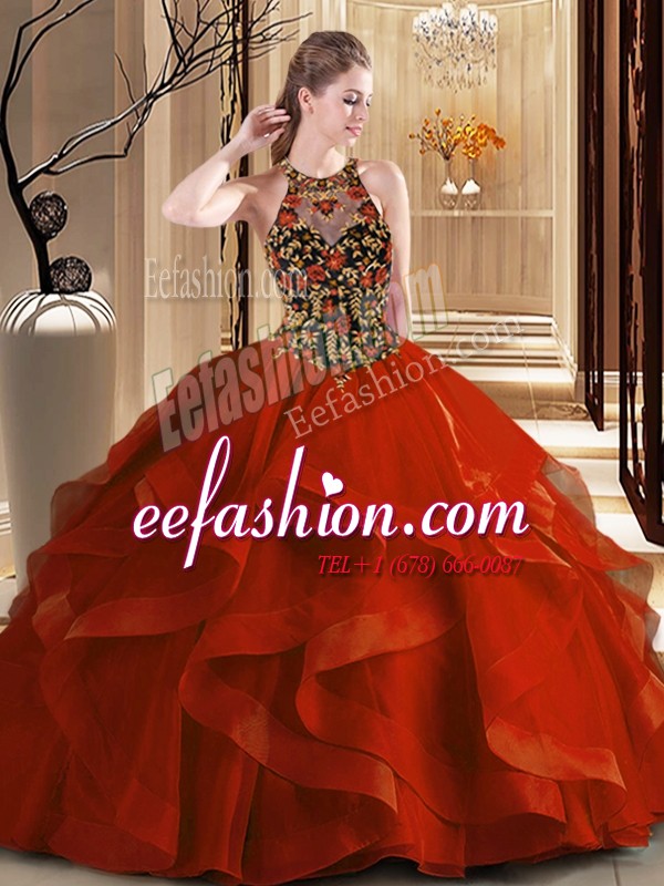 Admirable Scoop Ball Gowns Sleeveless Rust Red Ball Gown Prom Dress Brush Train Backless