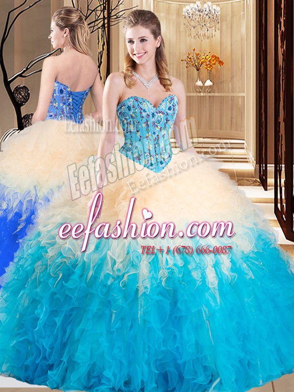 Smart Sleeveless Embroidery and Ruffles Lace Up Quince Ball Gowns
