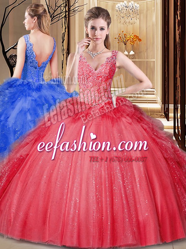 Beautiful Red V-neck Backless Appliques and Sequins and Pick Ups Quinceanera Dress Sleeveless