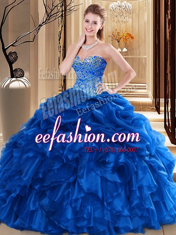 Custom Fit Floor Length Lace Up Quince Ball Gowns Royal Blue for Military Ball and Sweet 16 and Quinceanera with Beading and Pick Ups