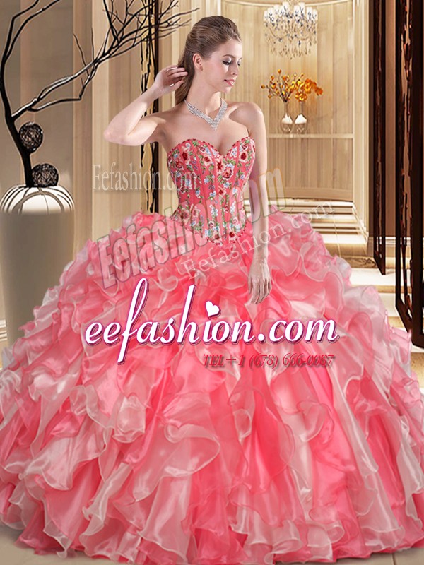  Sleeveless Organza Floor Length Lace Up 15th Birthday Dress in Watermelon Red with Embroidery and Ruffles