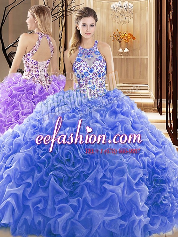  Blue Ball Gowns High-neck Sleeveless Organza Court Train Backless Embroidery and Ruffles Sweet 16 Dress