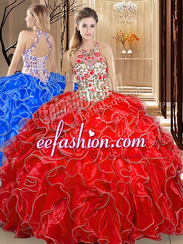 Dramatic Scoop Sleeveless Backless Floor Length Embroidery and Ruffles Quinceanera Gown