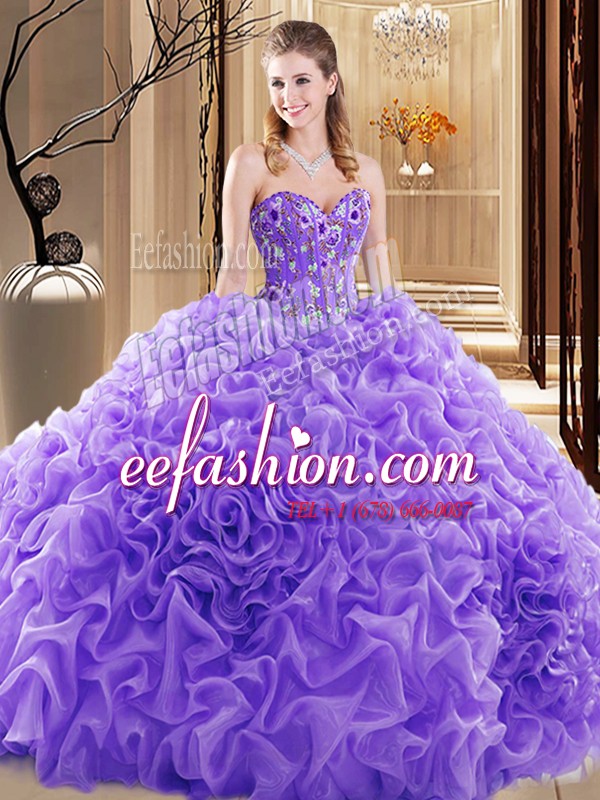 Noble Sleeveless Fabric With Rolling Flowers Court Train Lace Up Vestidos de Quinceanera in Lavender with Embroidery and Ruffles and Pick Ups