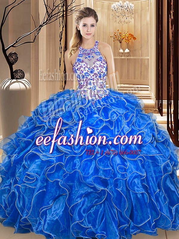 Wonderful Royal Blue 15 Quinceanera Dress Military Ball and Sweet 16 and Quinceanera and For with Embroidery and Ruffles Scoop Sleeveless Backless