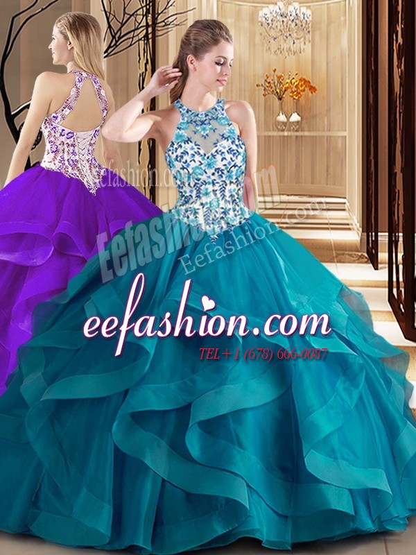 High Quality Scoop Sleeveless Brush Train Lace Up 15th Birthday Dress Teal Tulle