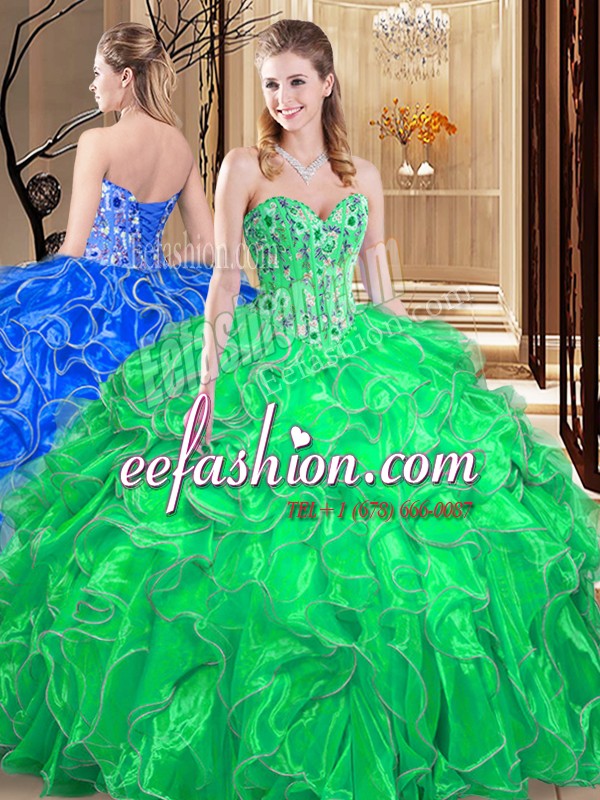 Enchanting Sweetheart Sleeveless Lace Up Sweet 16 Dress Green Organza