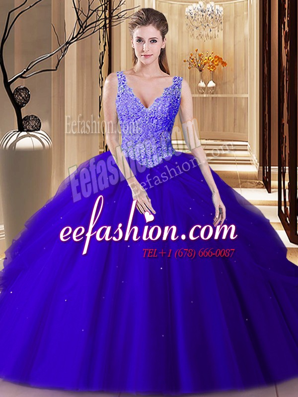  Backless Floor Length Royal Blue Quinceanera Gown Tulle Sleeveless Lace and Appliques and Pick Ups