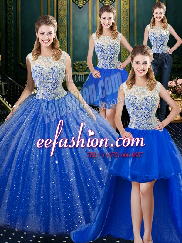  Four Piece Brush Train Ball Gowns Quinceanera Dress Royal Blue High-neck Tulle Sleeveless Floor Length Zipper
