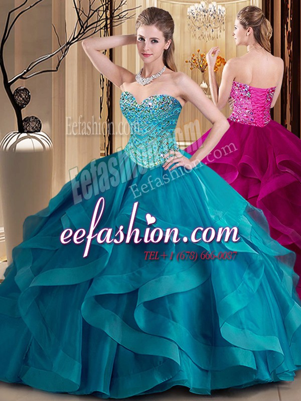 Most Popular Teal Ball Gowns Beading and Ruffles 15 Quinceanera Dress Lace Up Tulle Sleeveless Floor Length