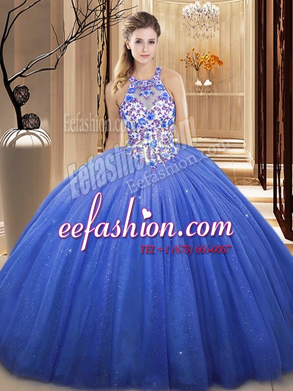 Luxurious Floor Length Blue Ball Gown Prom Dress V-neck Sleeveless Lace Up