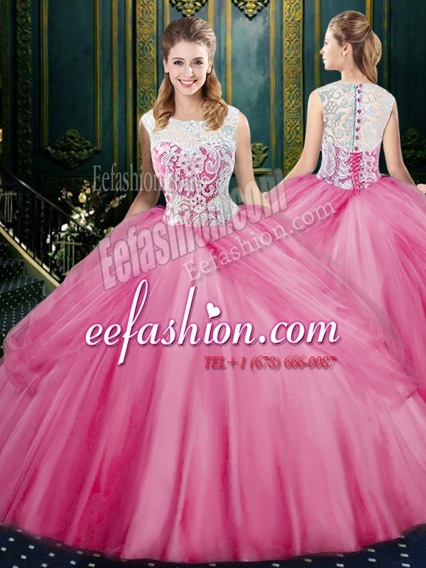Customized Scoop Rose Pink Sleeveless Floor Length Lace and Pick Ups Zipper Quince Ball Gowns