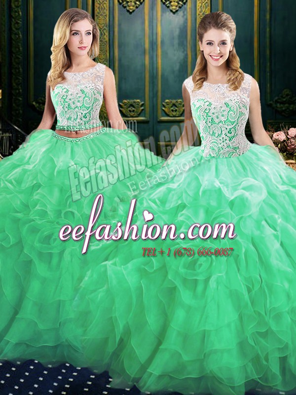  Scoop Green Lace Up Quinceanera Gown Lace and Ruffles Sleeveless Court Train