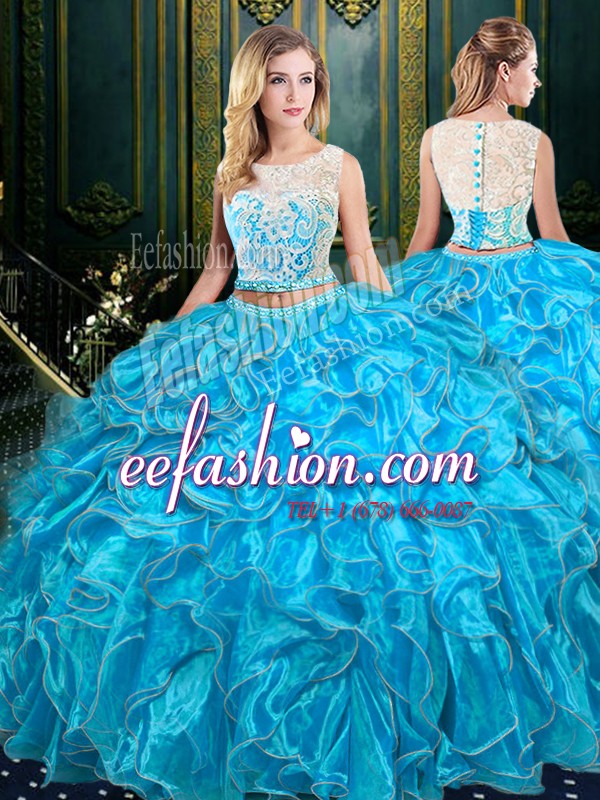 Spectacular Scoop Sleeveless Organza Floor Length Zipper 15 Quinceanera Dress in Baby Blue with Lace and Ruffles
