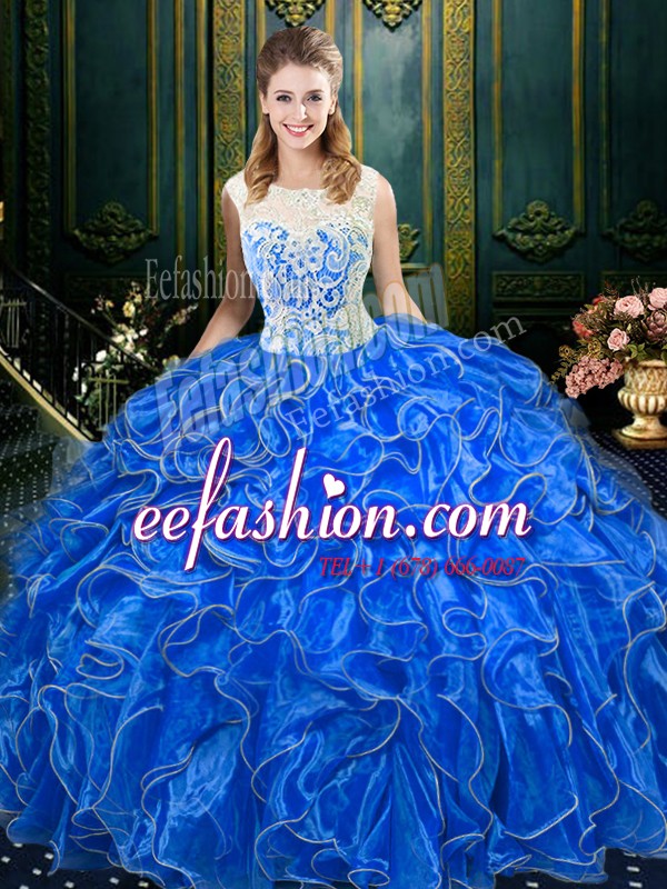  Scoop Sleeveless Sweet 16 Quinceanera Dress Floor Length Lace and Ruffles Royal Blue Organza