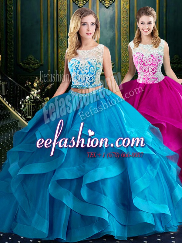  Baby Blue Two Pieces Tulle Scoop Sleeveless Lace and Ruffles With Train Zipper Ball Gown Prom Dress Brush Train