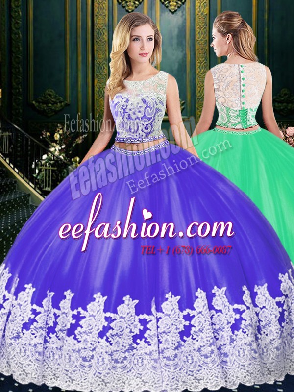  Tulle Scoop Sleeveless Zipper Lace and Appliques Quinceanera Dresses in Purple