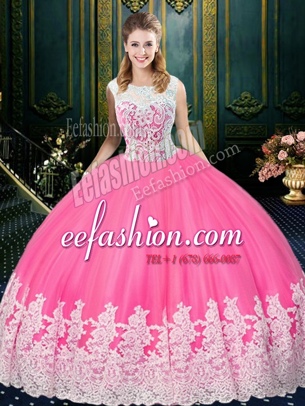  Scoop Sleeveless Floor Length Lace and Appliques Zipper Quinceanera Gowns with Rose Pink