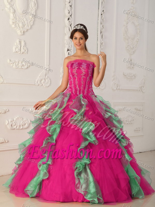 Coral Red and Green Strapless Dress for Quince with Ruffles Best Seller