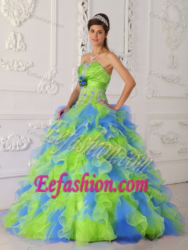 Multi-color Strapless Organza Dress for Quince with Ruffles and Beading