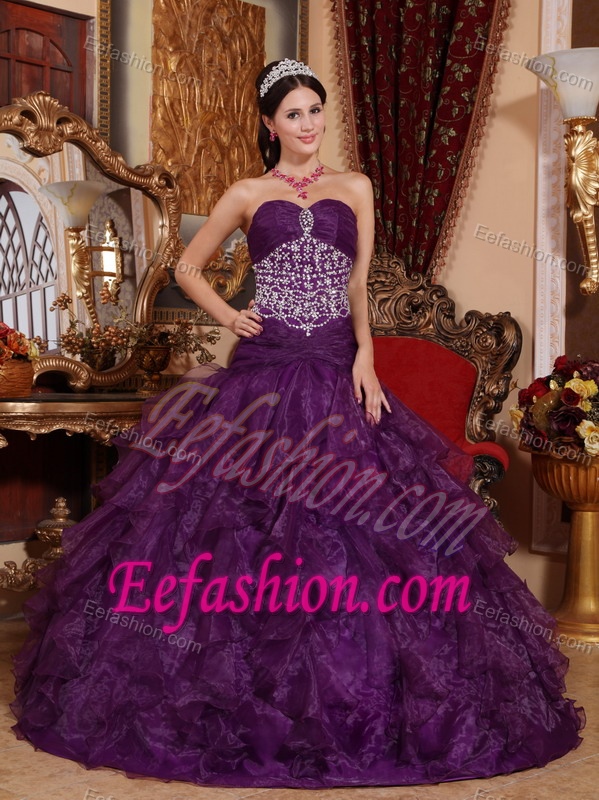 Unique A-line Sweetheart Purple Organza Quinceanera Dress with Ruffles
