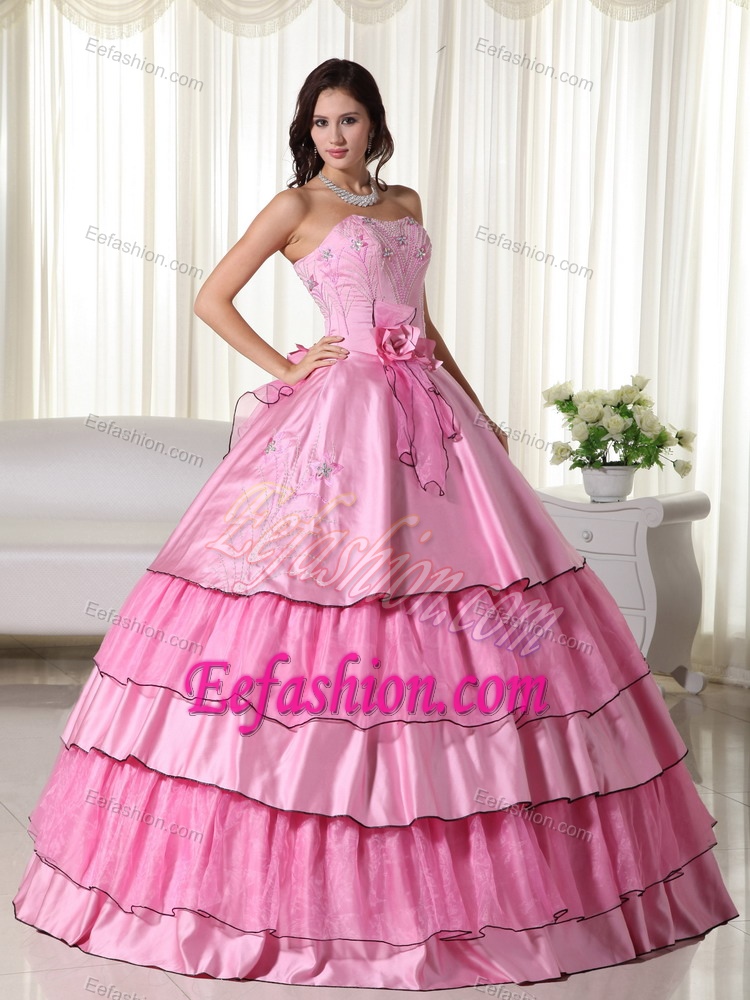 Rose Pink Ball Gown Strapless Quinceanera Dresses with Beading