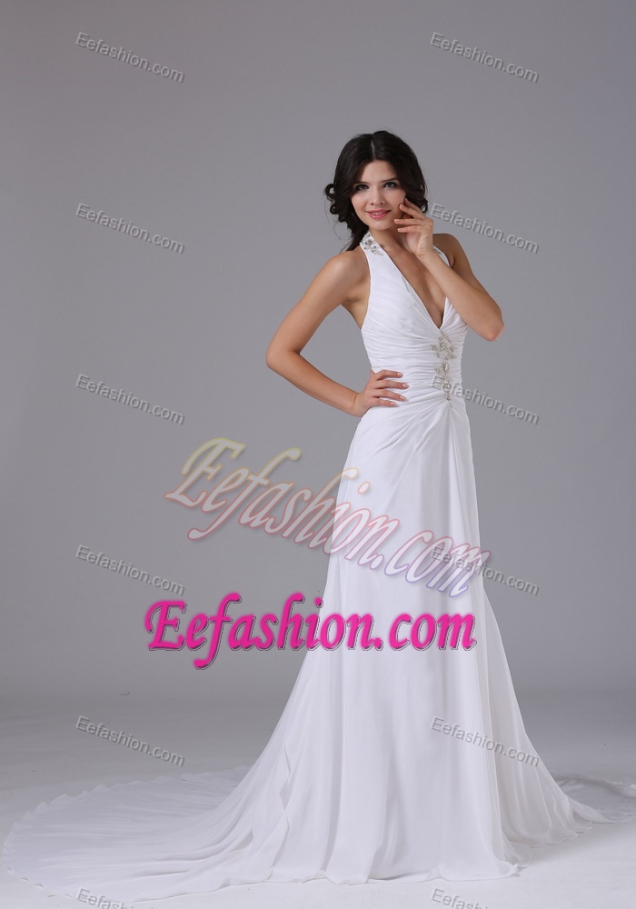Halter Top Beading Prom Wedding Dress with Ruches and Buttons on Promotion