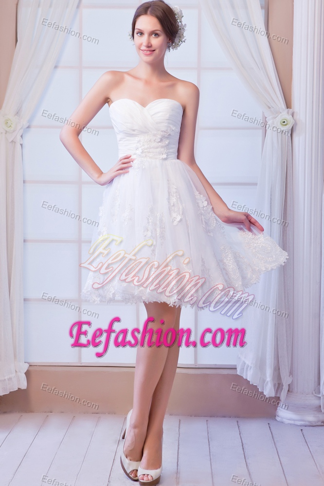 White A-line Sweetheart Wedding Dress with Ruches and Appliques in Mini-length