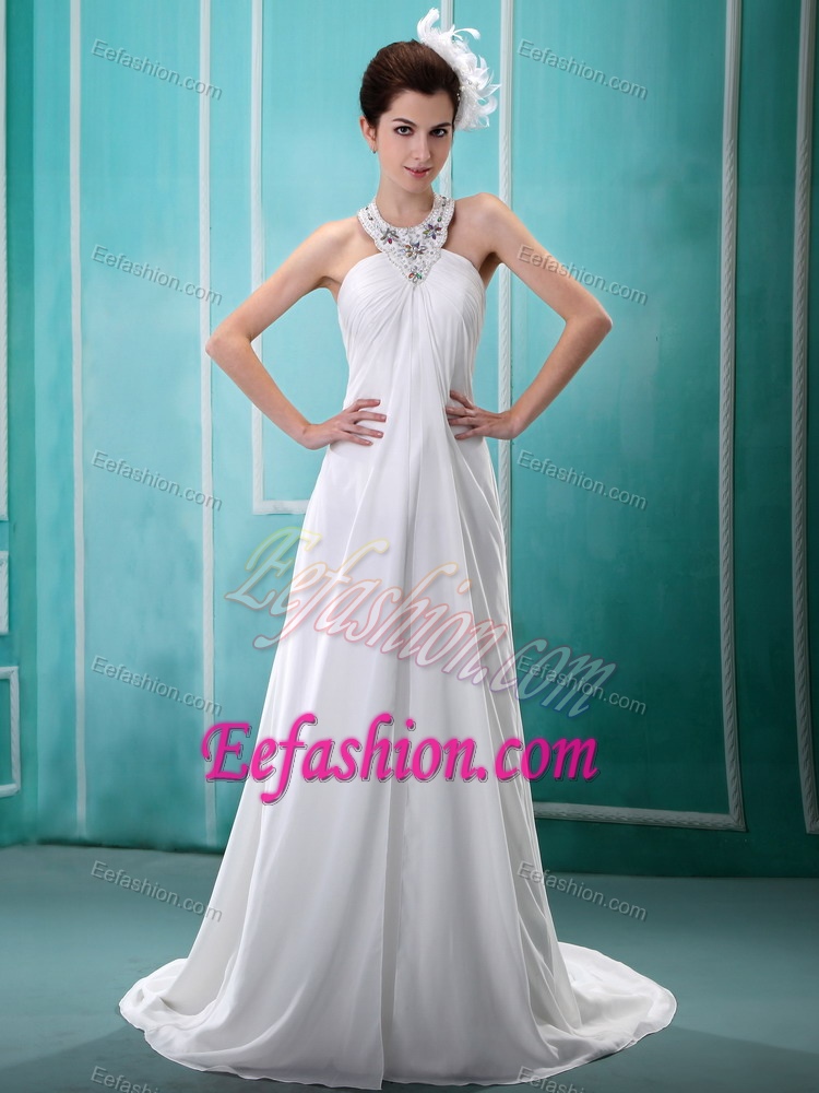 Halter Top Empire Prom Wedding Dress with Court Train and Beadings