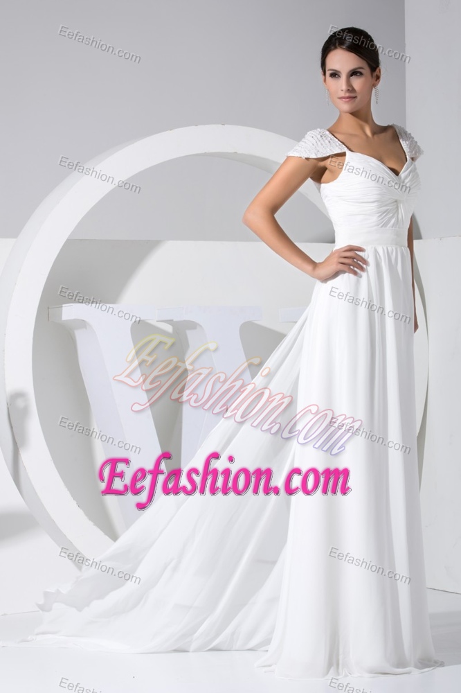 V-neck Cap Sleeves Wedding Dresses with Beadings and Ruches in Floor-length