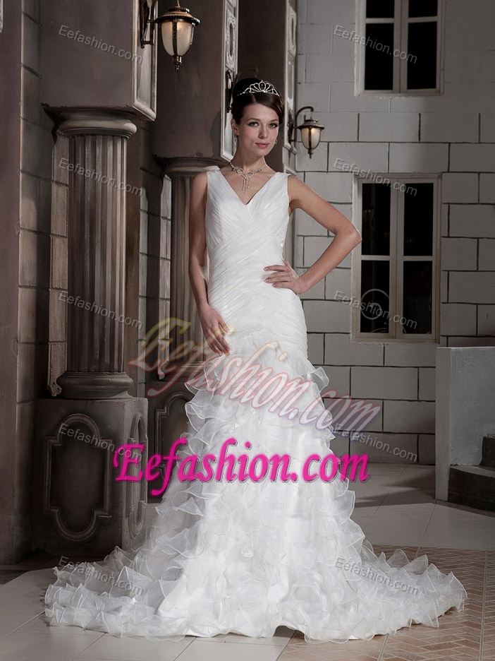 Chic V-neck Court Train Ruched Organza Wedding Dress with Layered Ruffles