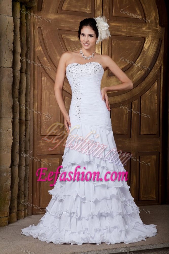 Sweetheart Brush Train Ruched Layered Chiffon Wedding Dress with Beading