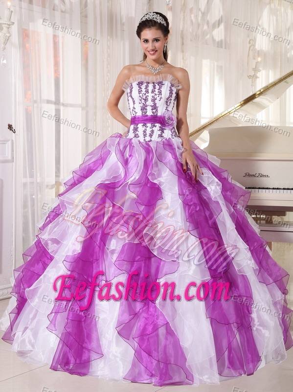 Latest Purple and White Strapless Sweet 16 Dresses with Ruffles and Appliques
