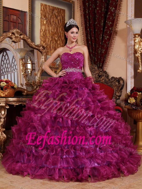 Fuchsia Sweetheart Ruched Organza Ruffled Quinceanera Dresses with Beading